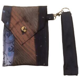 Handmade Upcycled Vintage Repurposed Blue Brown Neck Tie Wristlet Pouch Purse
